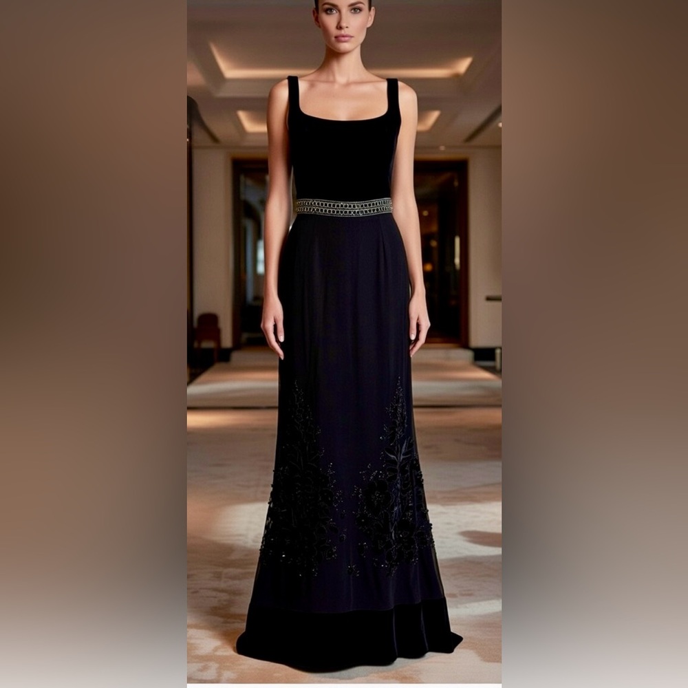 VTG ~ Peggy Jennings COUTURE Black Gown with P Pink Silk Lining. Emb Velvet
